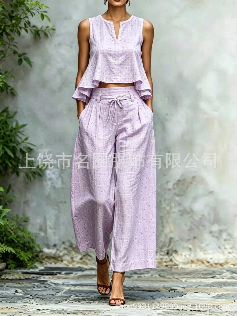 Lässiges zweiteiliges Set 1116 Sommer Neu Europäischer und Amerikanischer Urlaubsstil Ärmelloses Top mit Aufdruck Weitbeinige Hosen Set Damen