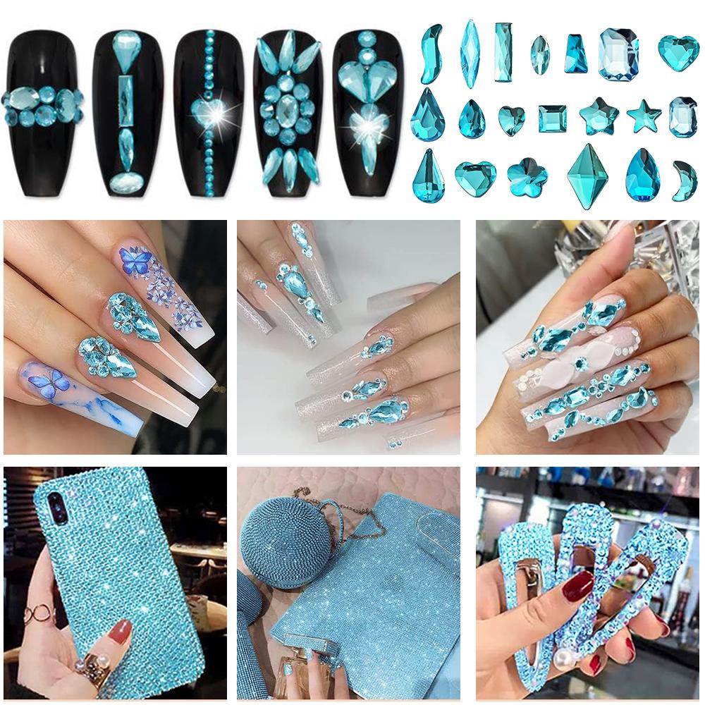 1000pcs/Set Lake Blue Multi Size Luxury Rhinestone Nail Jewelry 3D Flat-back Mixed-Shape Shinying Crystal Dimond Manicure Stone
