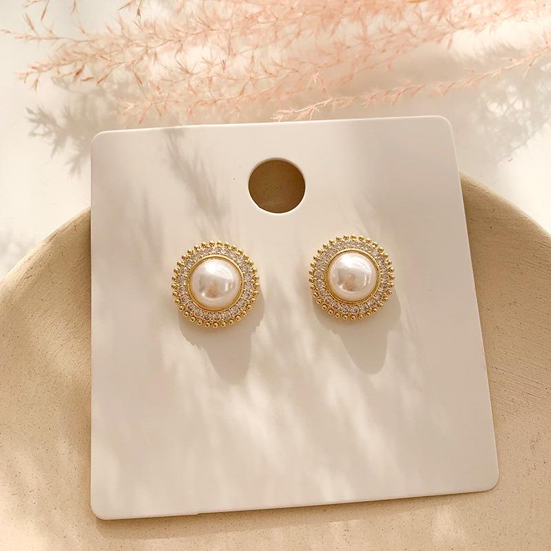Korean Style Round Pearl Stud Earrings - S925 Silver, White, Retro, Versatile, Elegant