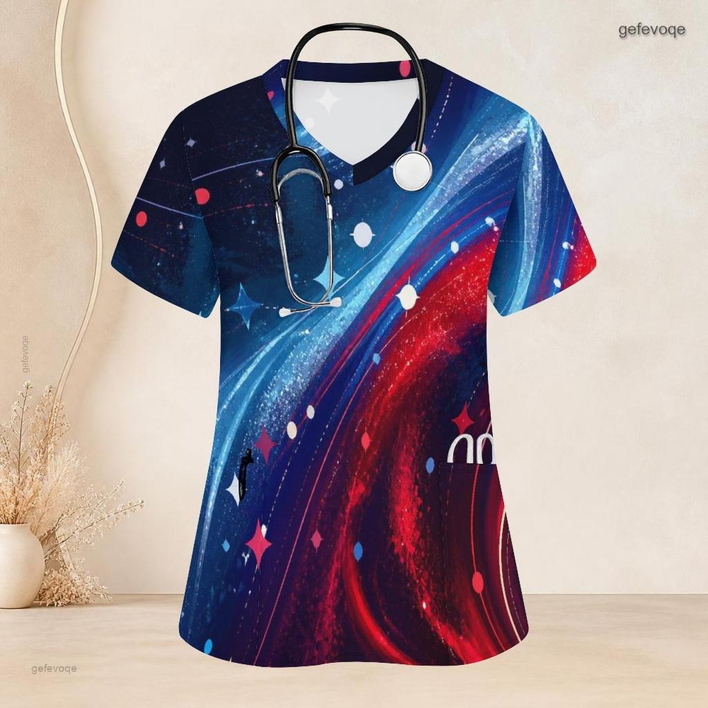 Women Plus Size V Neck Short Sleeve Star Printed Nurse Scrub Top With Front Pockets