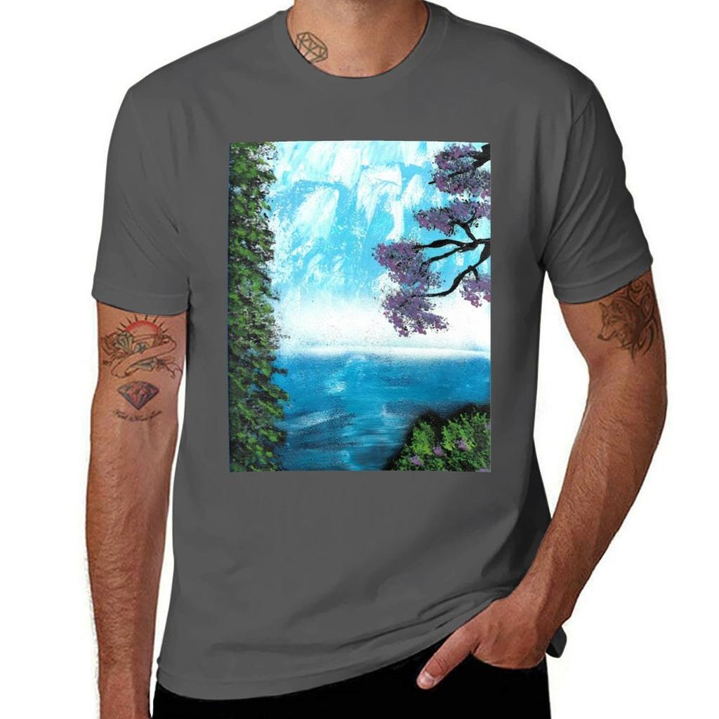 Waterfall Nature Spray Paint Art Tshirt Basic Solid Color Short Sleeve Tshirt