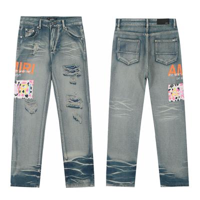 M46 Jeans Tendance Style Américain pour Homme et Femme avec Patchs en Tissu, Trous, Broderie, Pantalon Décontracté et Tendance High Street