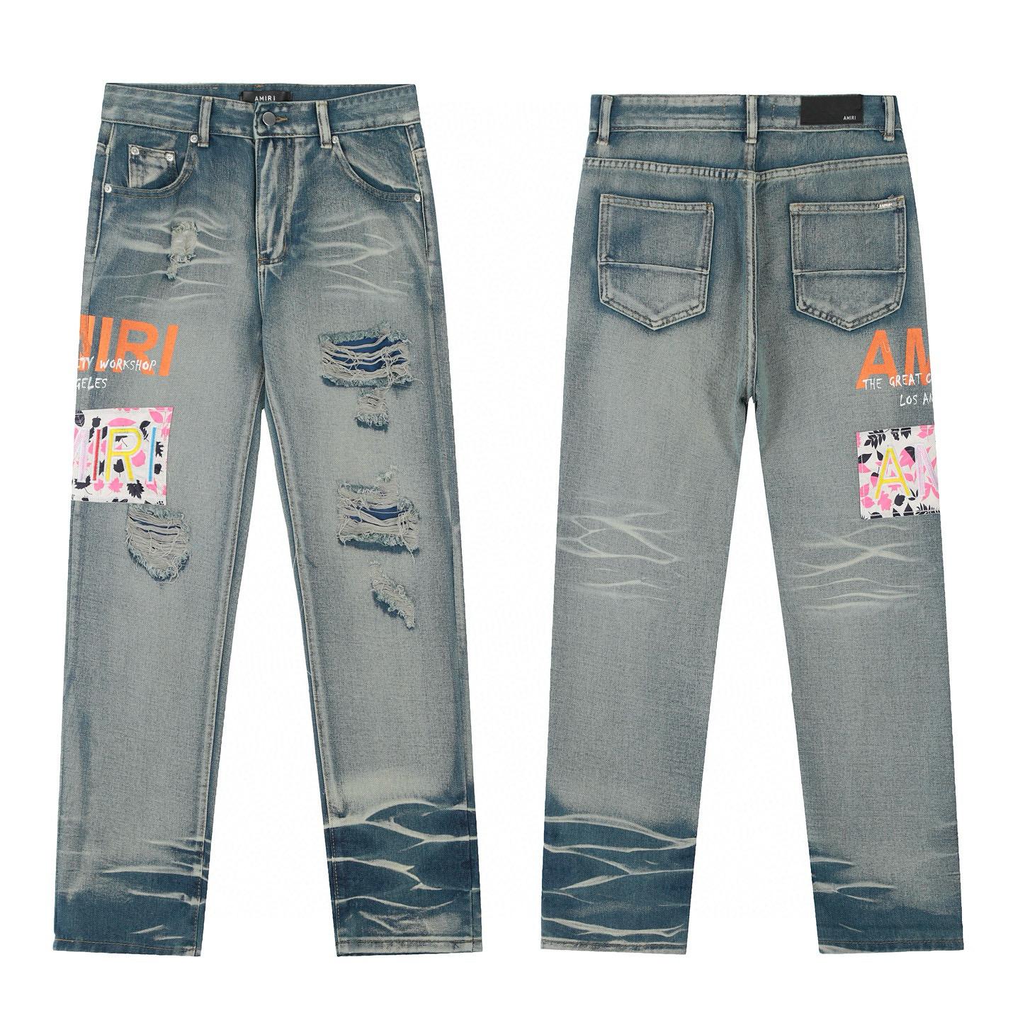 

M46 Amiri Men s and Women s American Style Trendy Jeans with Fabric Patches, Holes, Embroidery, Casual and Fashionable High Street Pants 36