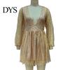 Evening Wear Short Dress Deep V Neck Sequin See-through Mesh A-line Mini Women Long Lantern Sleeves Prom Cocktail Party Sparkling Bead Embellished
