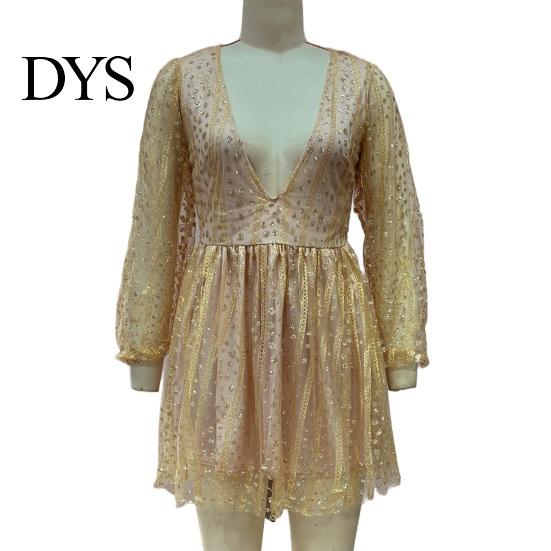 Evening Wear Short Dress Deep V Neck Sequin See-through Mesh A-line Mini Women Long Lantern Sleeves Prom Cocktail Party Sparkling Bead Embellished