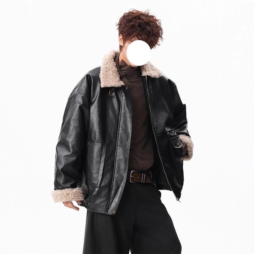 Herren Retro Lammwolle Leder Reversjacke - Gepolstert, Verdickt, Cooler Patchwork-Stil