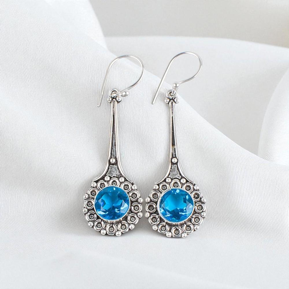 Swiss Blue Topaz Gemstone 925 Sterling Silver Jewelry Handcrafted Earrings 2.52" EE-77-8