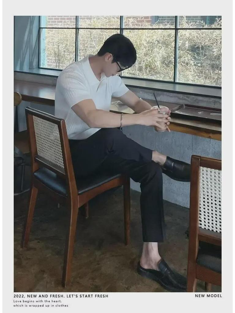 2023 Men's Summer Striped V-Neck Ice Silk Polo Shirt - Short Sleeve, Thin Knit Fashion Top