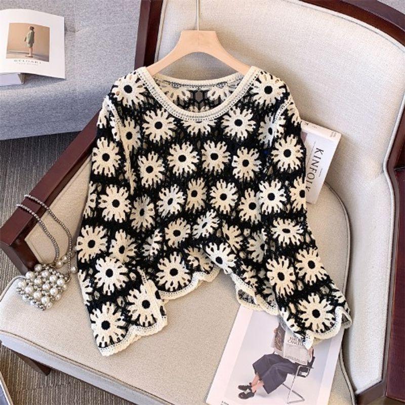 Women Clothing Chubby Girl Spring and Summer New Round Neck French Style Hollow Perspective Long Sleeve Knit Cover Up Sweater Sun Protection Shirt