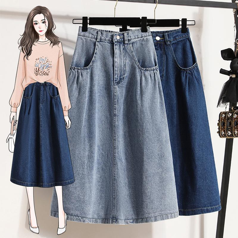 Damen Retro High Waist Knopfleiste Ausgestellte Lange Jeansröcke Plissiert Fließend Schwingend A-Linie Denim Maxiröcke Lässige Vintage Denim Midiröcke für Damen