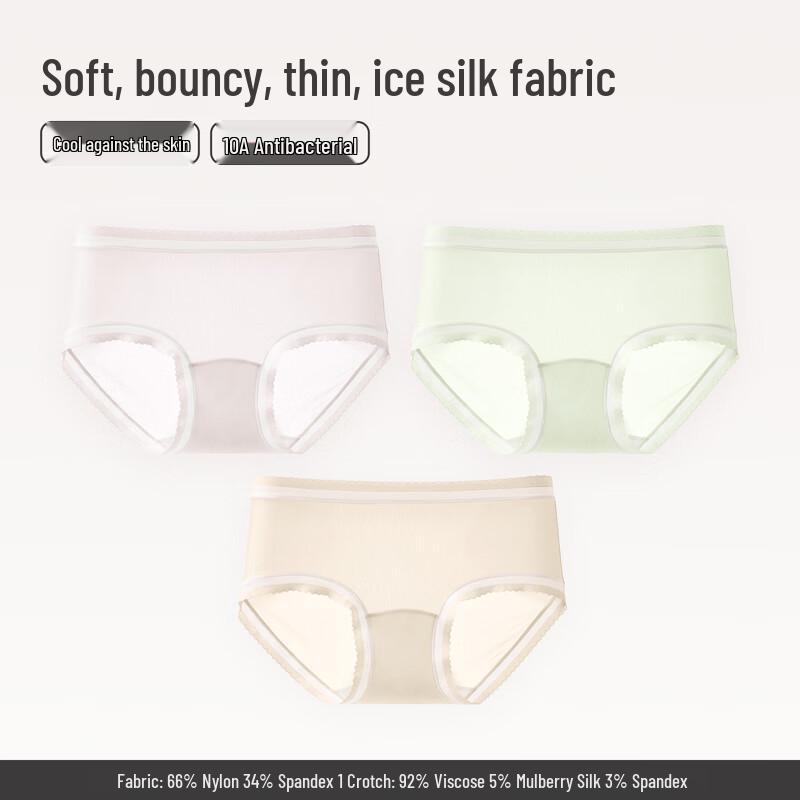 Fenteng Women s Ice Silk Antibacterial Mid-Waist Lace Trim Briefs L