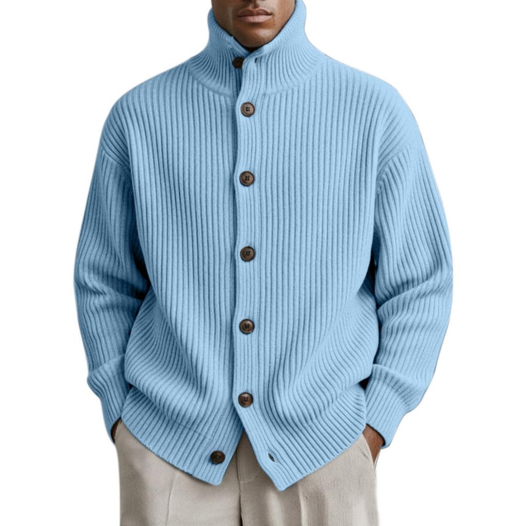 Men's casual and relaxed -color knitted cardigan, men's high-neck, thick-needle, striped long-sleeved button coat