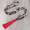 European 8mm Stone Bead Tassel Necklace and Multi-Strand Buddhist Bead Bracelet