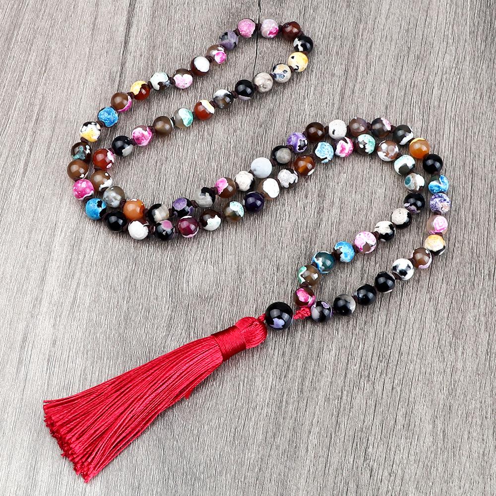European 8mm Stone Bead Tassel Necklace and Multi-Strand Buddhist Bead Bracelet