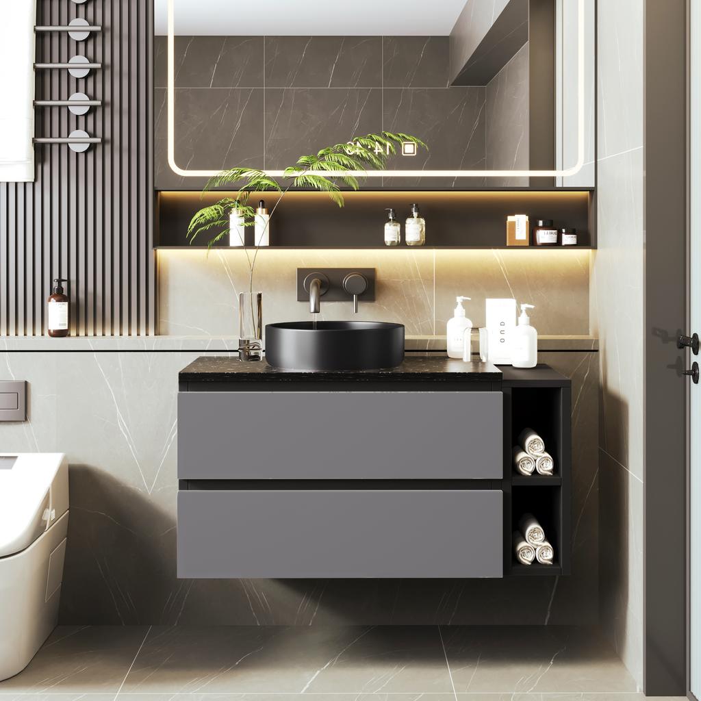 Wandmeubel 80cm Breed, met Keramische Wastafel, met Lades, Modern Design, Zwart-Grijs