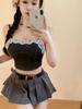 Hong Kong Retro Spliced Lace-Trim Denim Bustier Top for Women