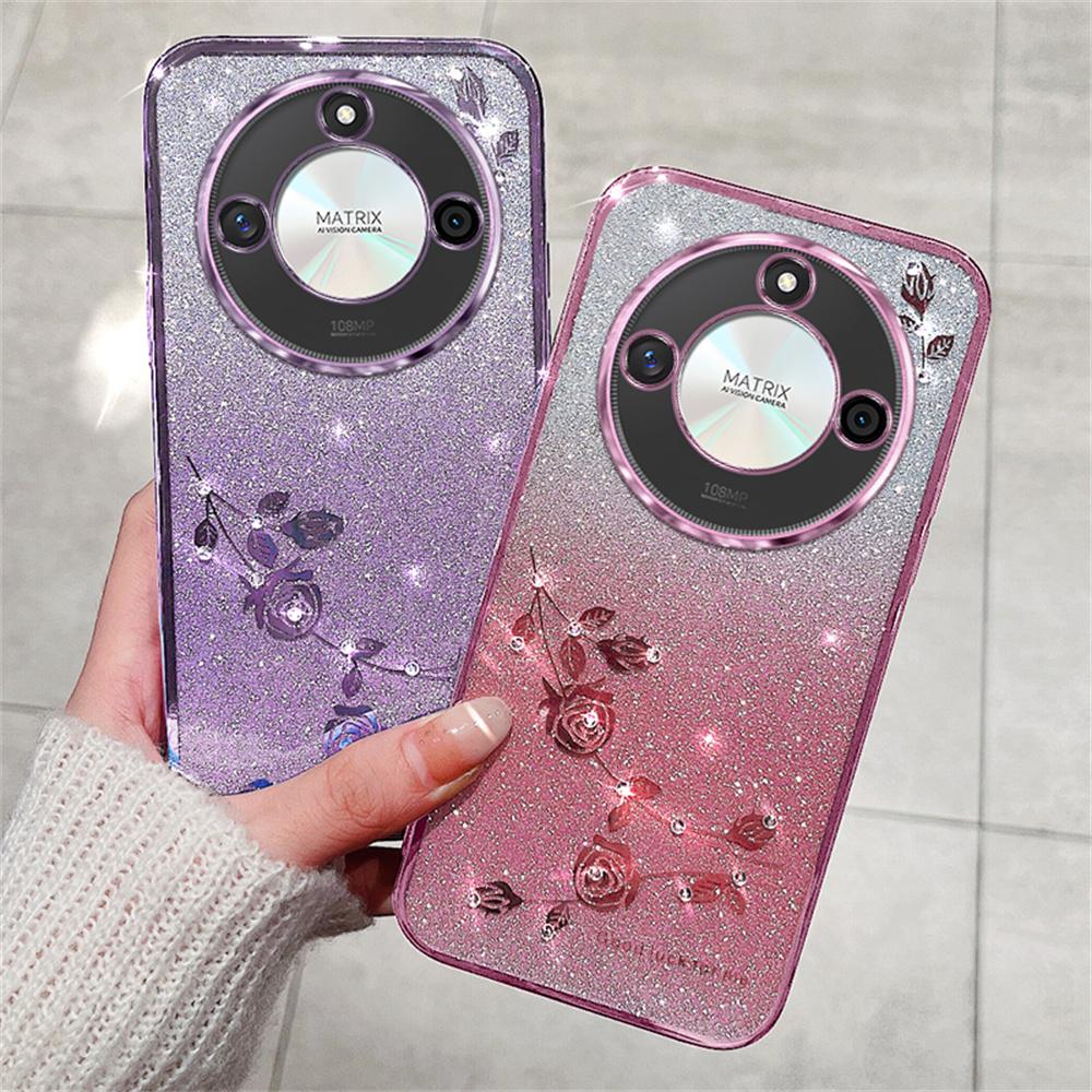 For Honor X60 5G Case Flower Pattern TPU Gradient Phone Cover with Lanyards