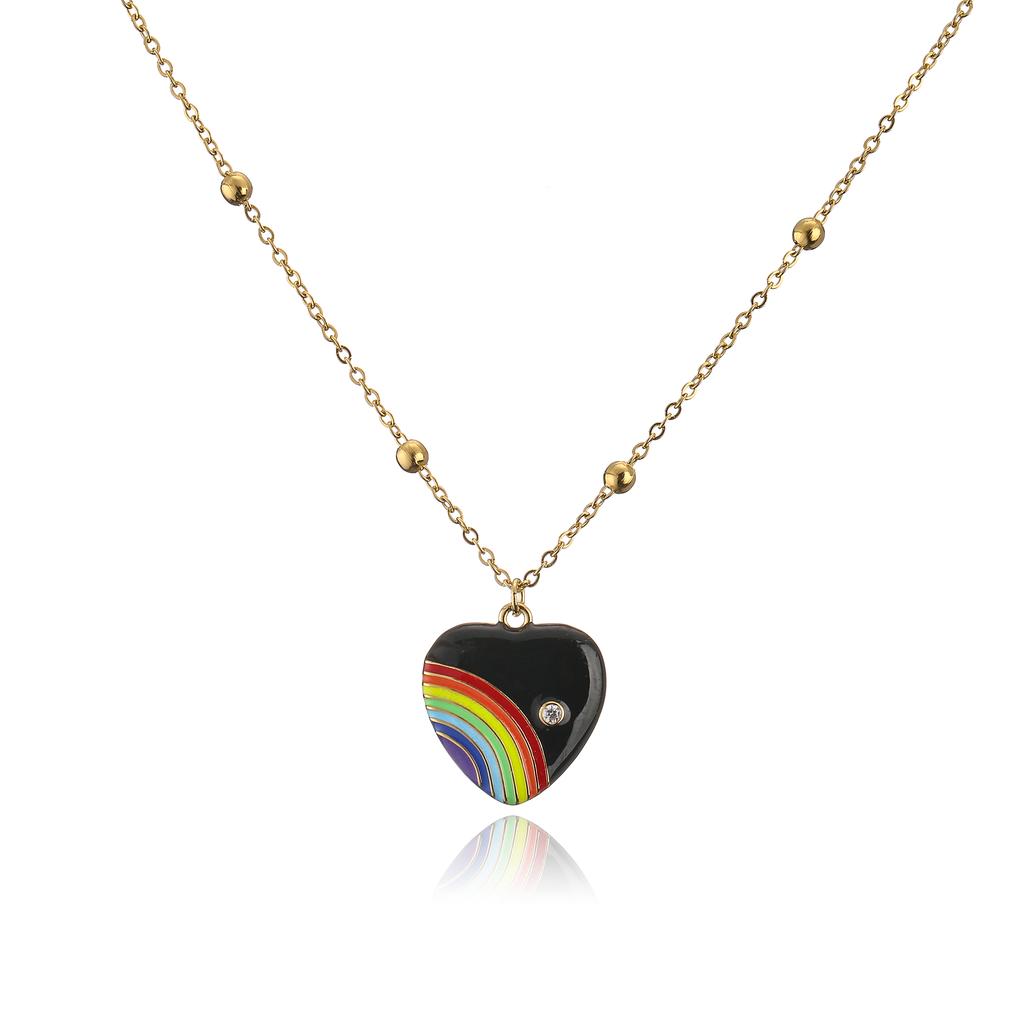 HECHENG,Rainbow Necklace ,Love Heart Necklace,Colorful Lucky Zircon,For Women ,Stainless Steel