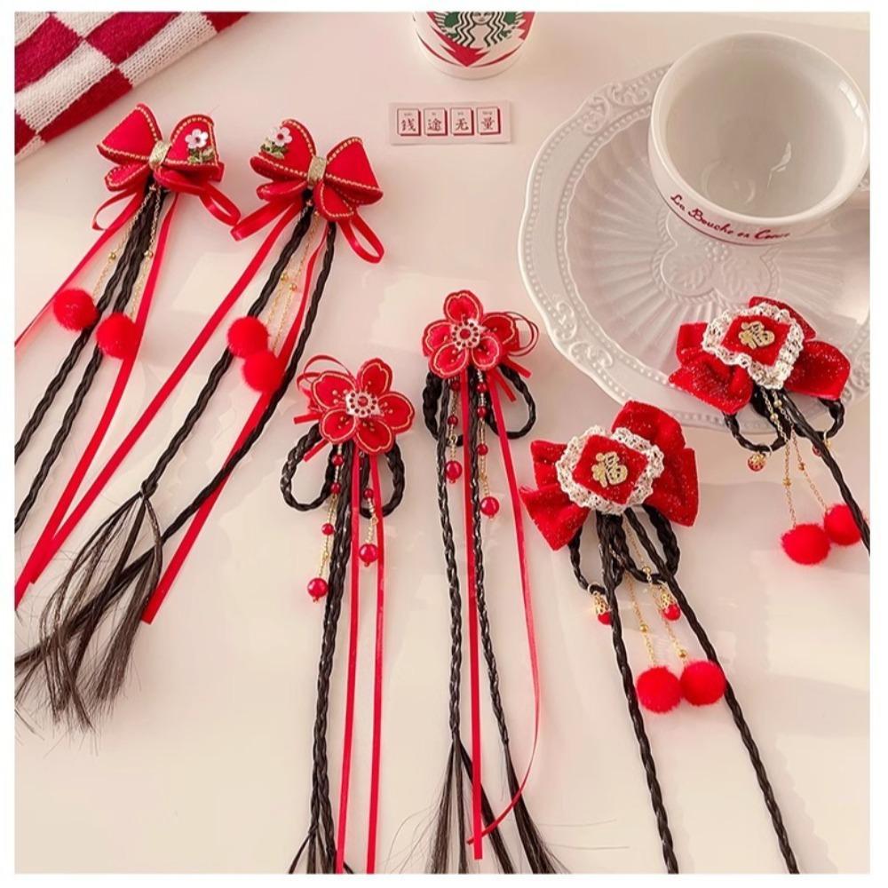 2pcs Hanfu Headdress Children Red Hairclip Flower Tassel Bow Wig Braid Hairpin New Year Headwear