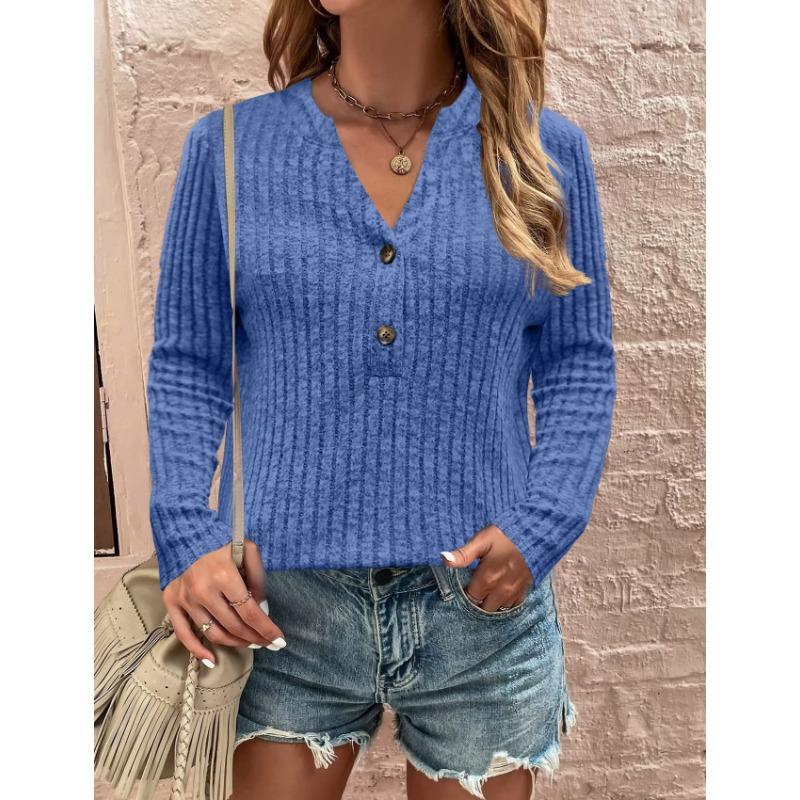 JKASHDK Women's Fashion Casual Spring Fall Solid Color Print Long Sleeve V-Neck Pullovers & Long Sleeves