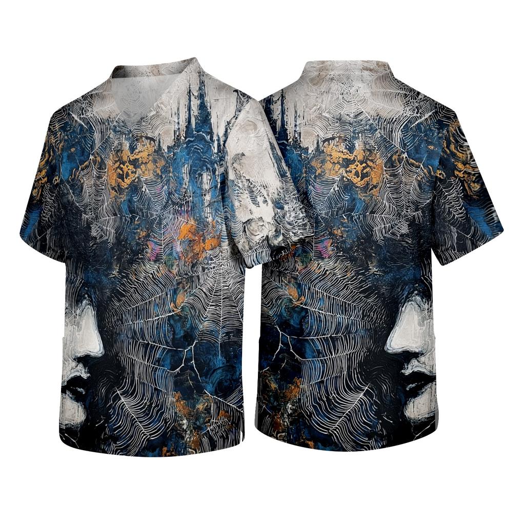 Men's Short Sleeve V Neck Halloween Print Chest Pocket Workwear Shirt with Cowboy Graphic Design for Casual Wear