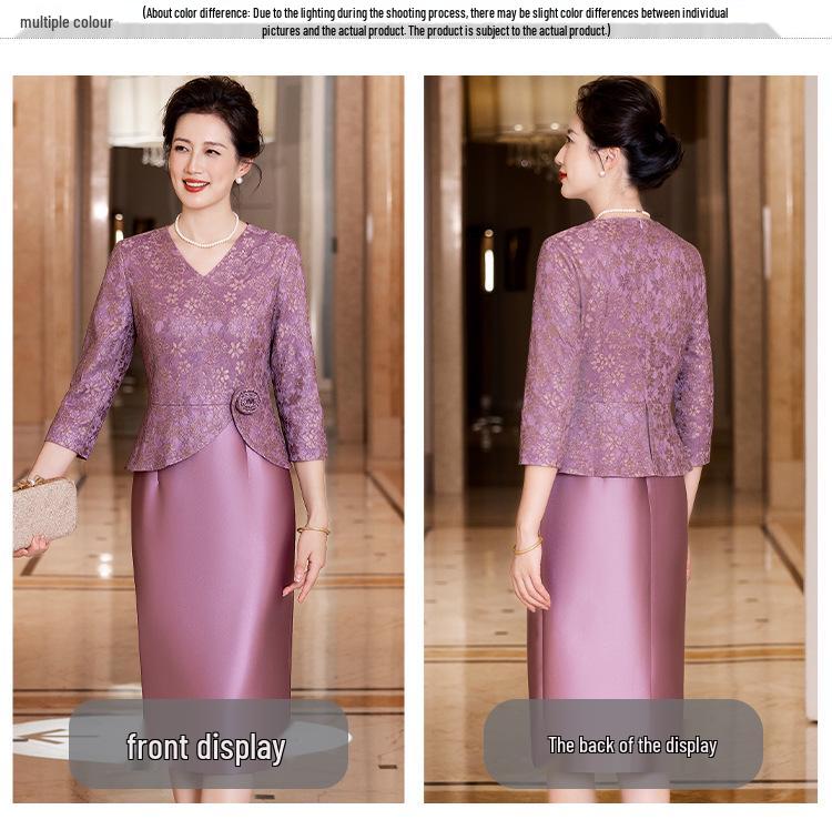 2025 Autumn Elegant V-neck Slimming Purple Lace Dress for Young Moms