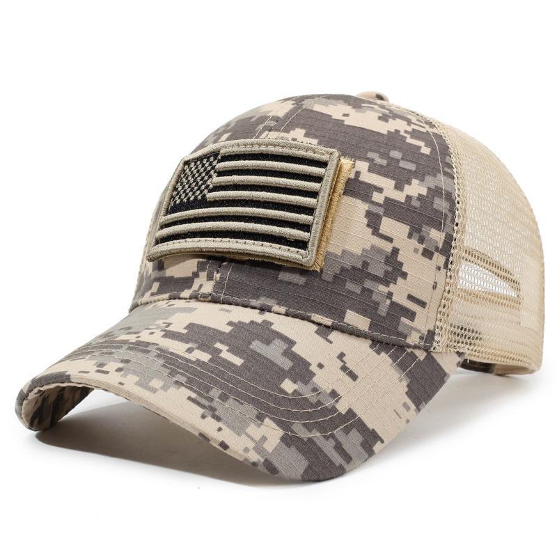 Herren Outdoor Trucker-Kappe mit gesticktem Flaggen-Camouflage-Patch & Klettverschluss 56-60cm beige