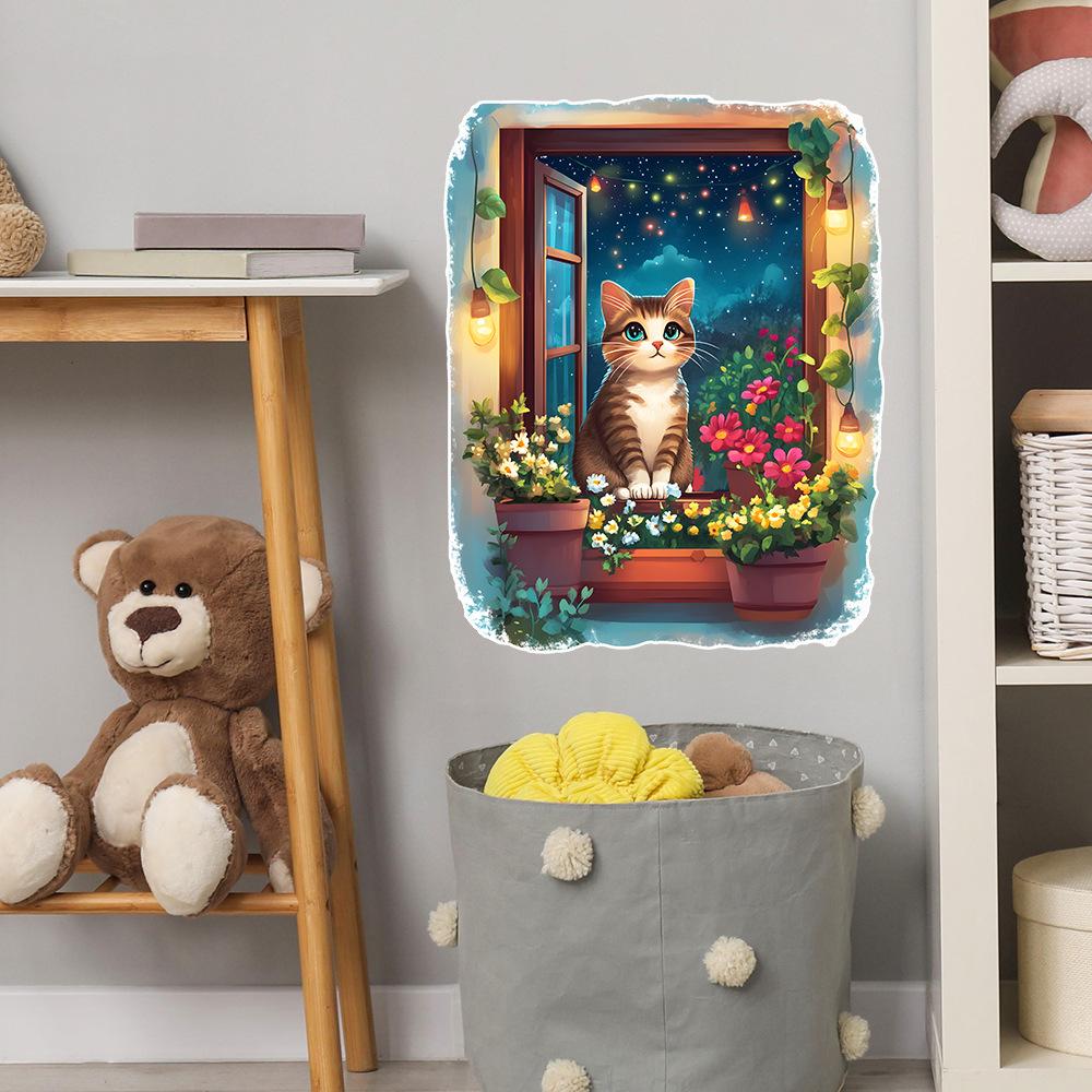 Creative False Window Cat Beautiful Starry Sky Bedroom Living Room Home Background Beautification and Decoration Wall Stickers