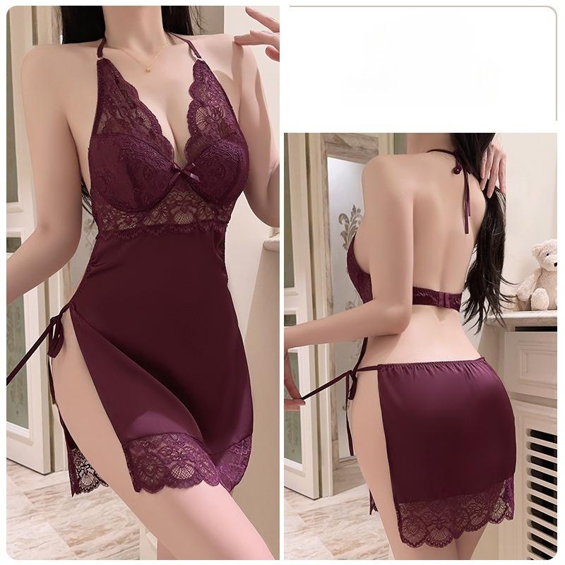 

Women’s Sexy Lace Sleepwear Ice Silk Nightdress Backless Deep V Padded Sleep Dress XL фіолетовий