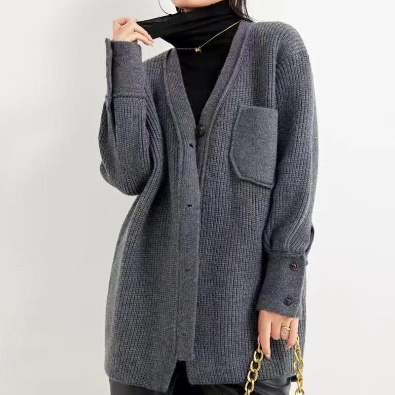 

Autumn and winter new casual fashion knitted cardigan women s high-end sense loose lazy sweater jacket top one size fits all серый