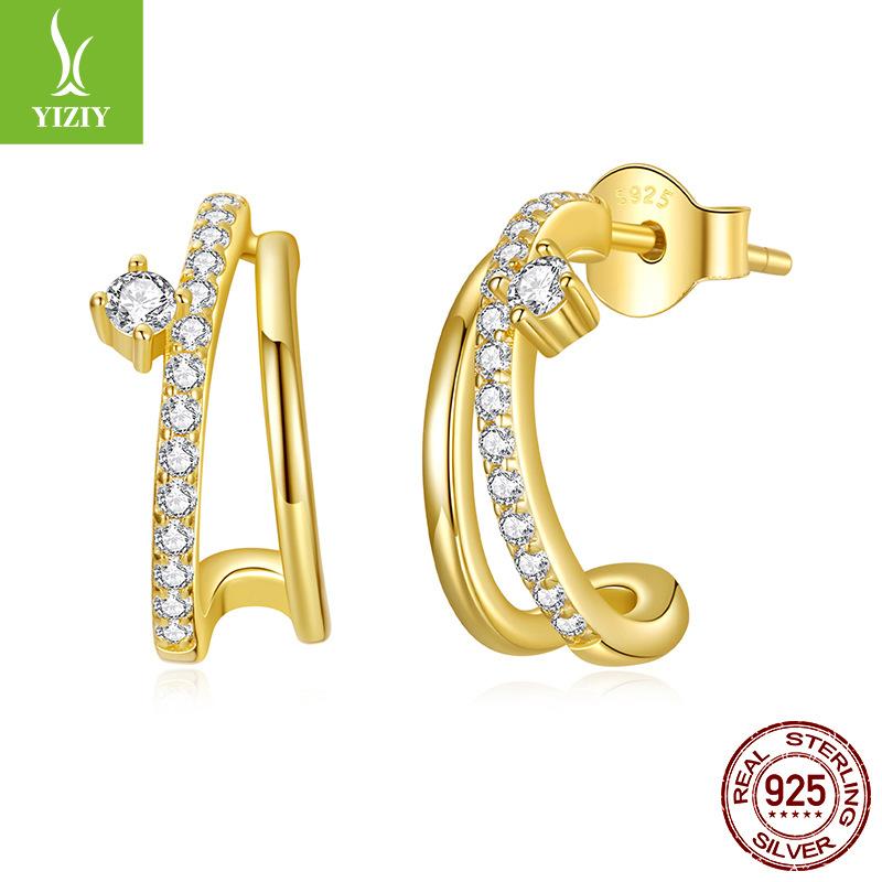 Moissanite Split Double Earrings Earrings Personalized Sparkle S925 Sterling Silver Half-Circle Stud Earrings