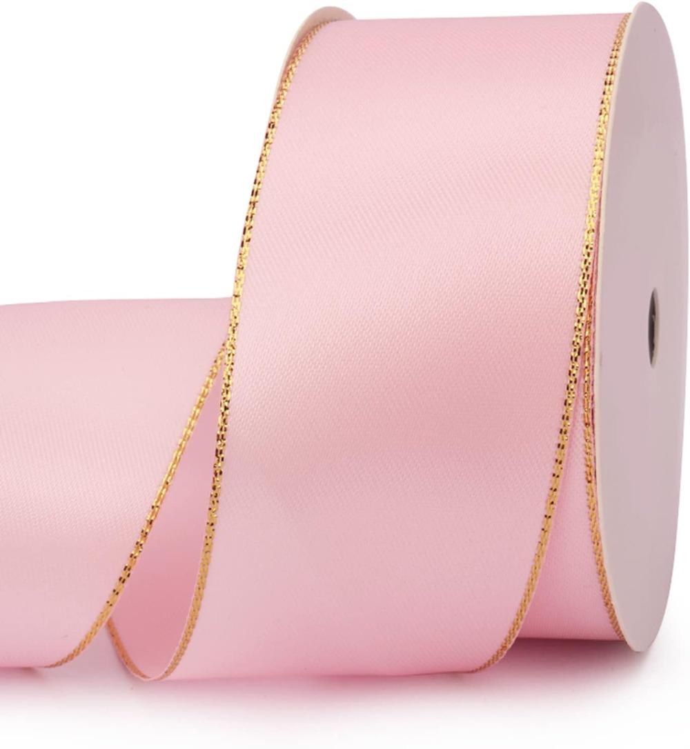 

Розовая двусторонняя атласная лента с золотым краем, один рулон 24 ярда двусторонняя проволочная атласная лента с золотыми краями