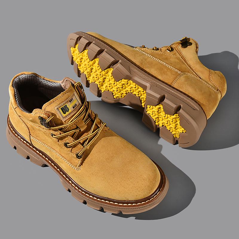 Men's Yellow Leather Toe Cap Pigskin Short Boots - Casual Velvet-Lined Warm Autumn/Winter Style
