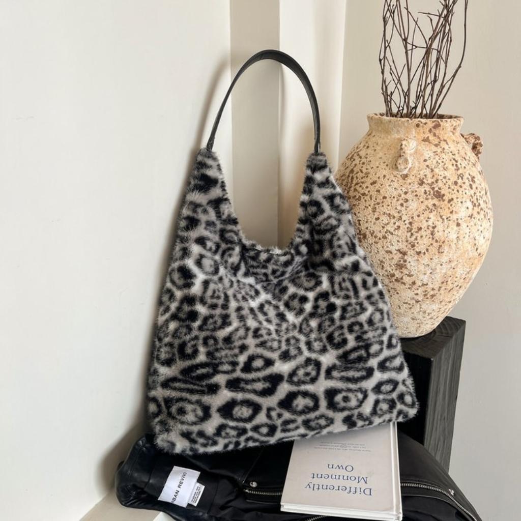 Hobo Bag for Women Plush Black Leopard Print Single Shoulder Carry Daily Use