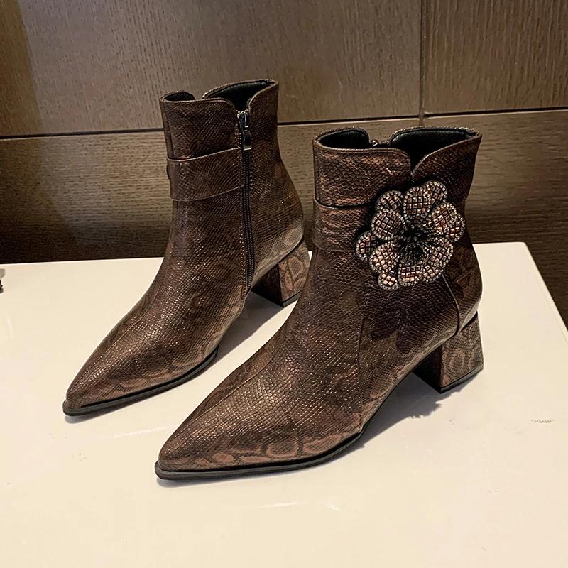 Crystal Flower High Heels Ankle Boots Sexy Serpentine Pointed Toe Women Shoes Winter 2025 New Gladiator Snow Goth Pumps Mujer