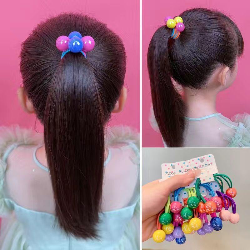 2/7pcs Cute Girls' Candy-Colored Long Rubber Bands, Ponytail Hair Bands, Round Balls, Colorful Headbands, Princess Headwear