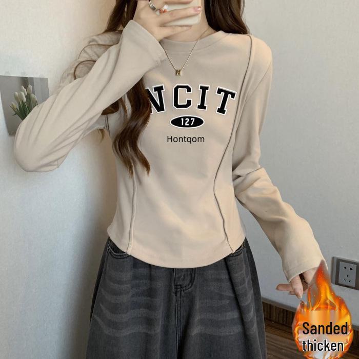 

260g German Velvet Arc-Shaped Long Sleeve Women s Short T-Shirt, Thick Brushed Inner Layer for Autumn/Winter. 2XL - 70-80 kg