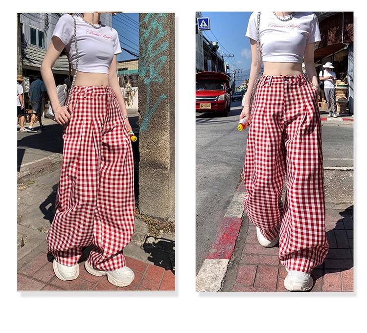 Women's Retro Red Plaid High-Waisted Wide-Leg Pants - 2025 Spring Collection