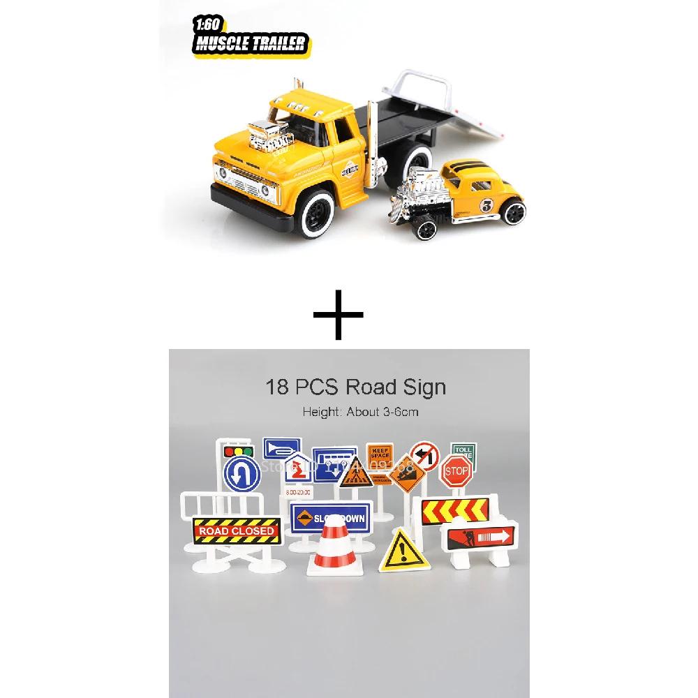 Scale 1:60 American Muscle Trailer Model Toy Car Sound Light Alloy Diecast Pull Back Flatcar Models Birthday Gifts for Kids
