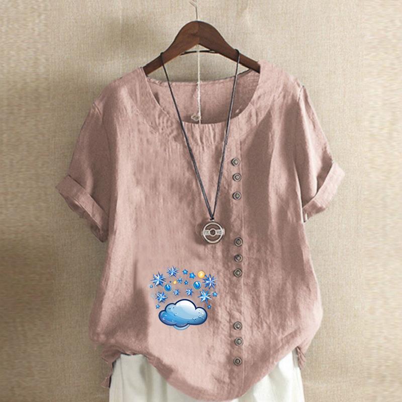Women's Fashion Round Neck Short Sleeve T-shirt Casual Cotton Linen Graphic Shirt Leisure Loose Cloud Prined Summer Blouse Tops