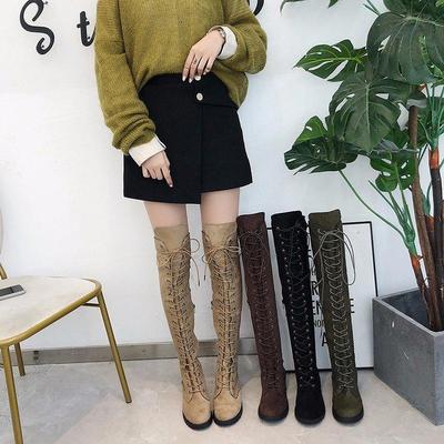 European & American Style Cross-border Women's Martin Boots with Round Toe, Square Heel, Low Heel, Lace-Up Suede Knight Boots - Over-the-Knee Boots.