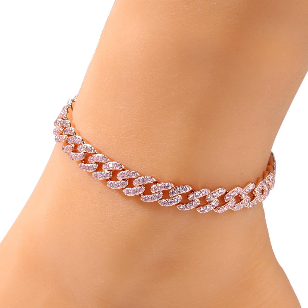 9mm 8.5inch 9inch 9.5inch Wholsale Ladies Anklets Silver Pink Gold Plated Diamond Custom Zirconia Anklet Brass Cuban Link Chain