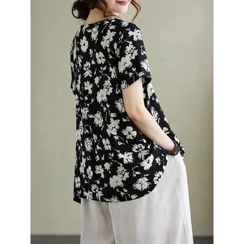 Womens Leaf Print Blouse Casual Round Neck Short Sleeve Loose Fit Top