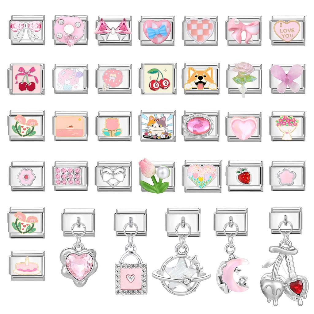 Sweet Pink Heart Bow Knot Flowers Butterfly Cats Italian Charm Links Fit 9mm Stainless Steel Bracelet Women DIY Making Gifts