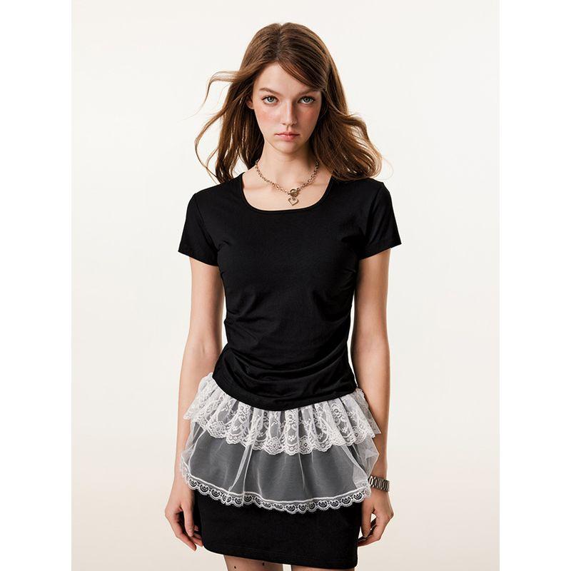 Western Style 150G Solid Square Collar Shoulder Short Sleeve T-shirt Fashion Brand Gyaru Waist Hugging Slimming Casual U Collar Top Women Fashion