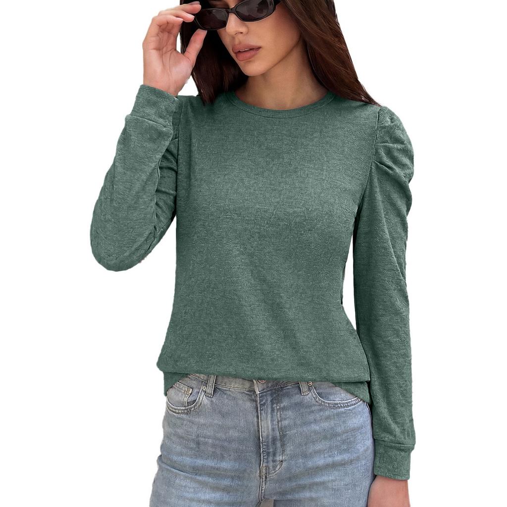 Fall Winter Women's Solid Color Loose Crew Neck Pleated Long Sleeve T-shirt Top For Cross-border European American Trade
