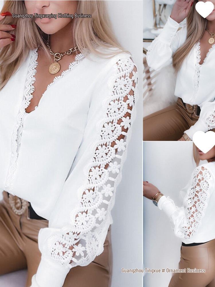 Spring-Autumn Women's V-Neck Lace Patchwork Long Sleeve Blouse