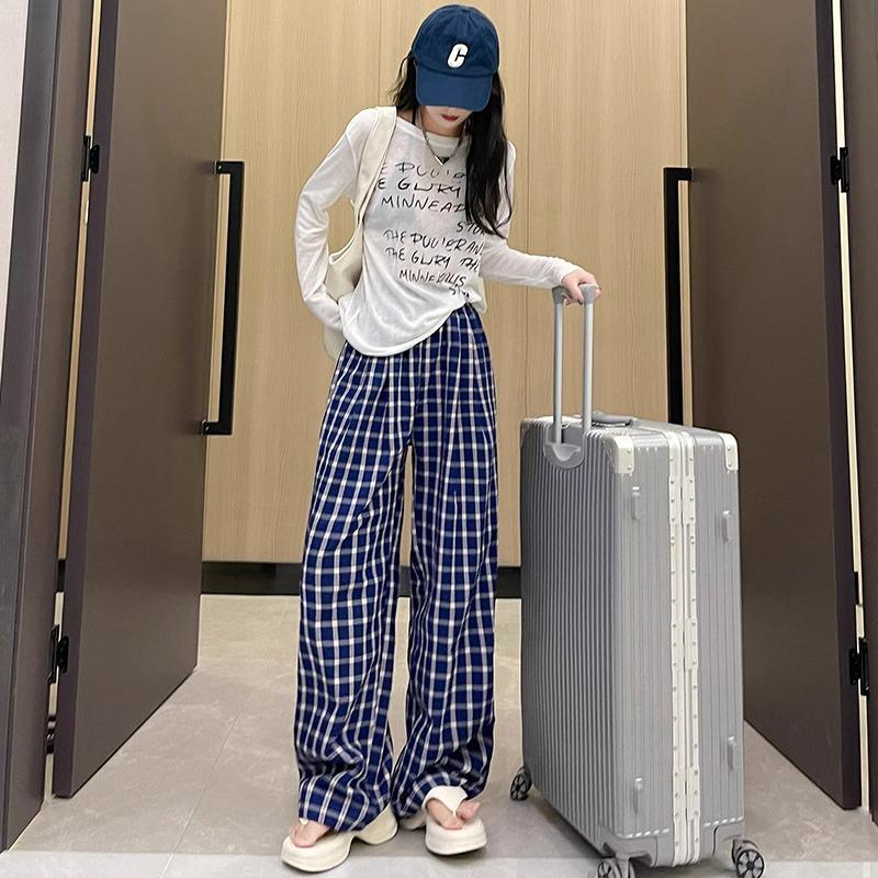 

Zhao Lusi Style: Petite High Waist Blue Plaid Wide-Leg Pants for Women - Spring/Autumn Casual Loose Fit (XS) S (80-95 jin)