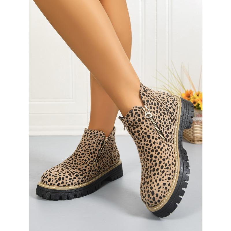 Plus Size Leopard Print Platform Martin Boots 2025 Winter New Side Zipper Round Toe Booties for Women