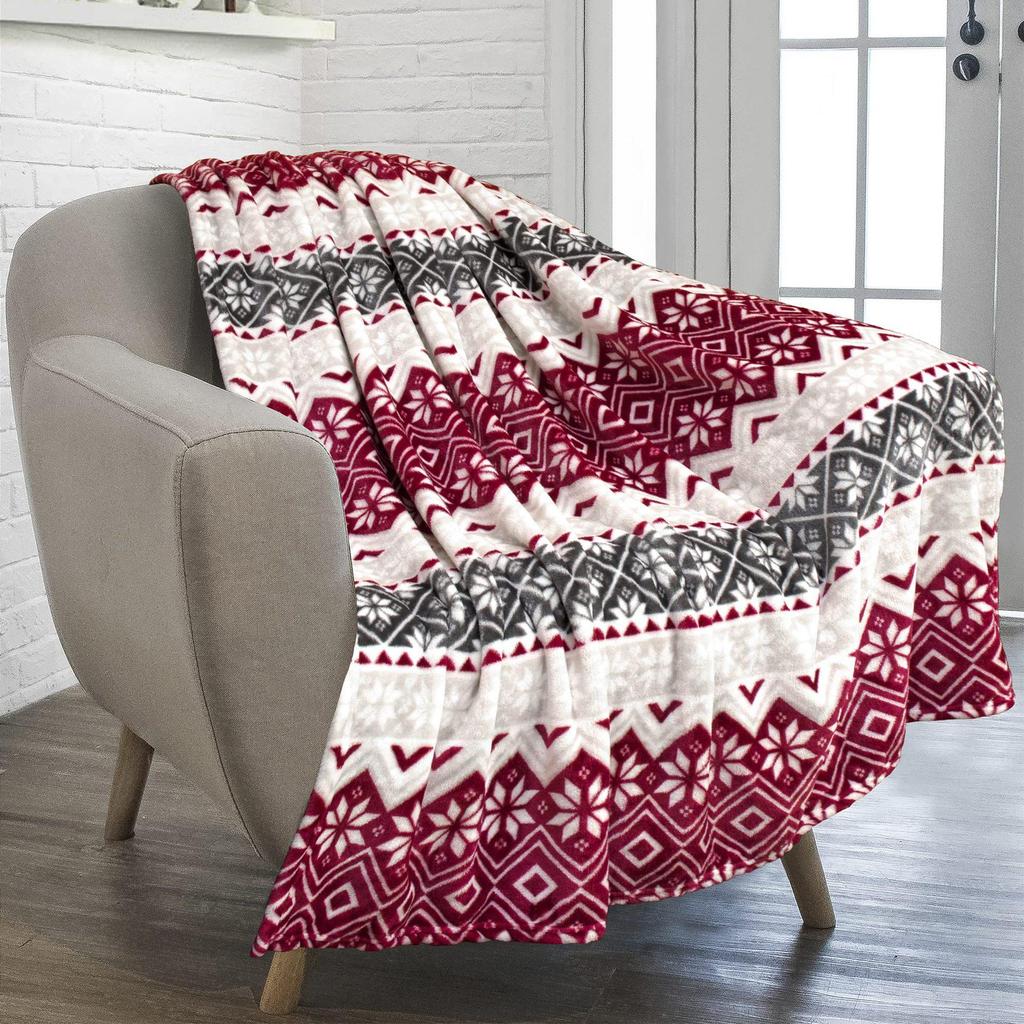 Red Snowflake Christmas Flannel Blanket - Soft and Cozy for Bed, Car, or Sofa, Perfect Holiday Gift.